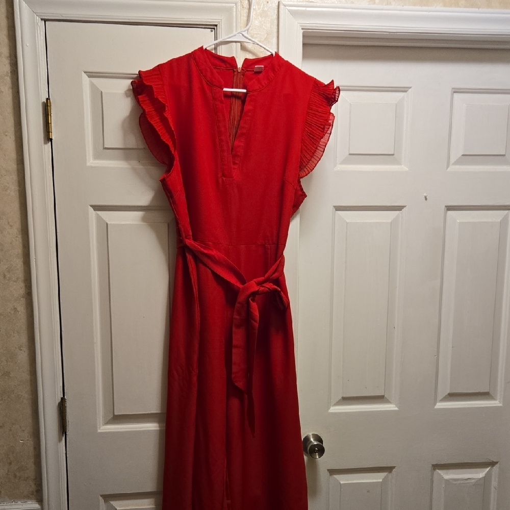 Red Wideleg Ruffle Sleeve Jumpsuit